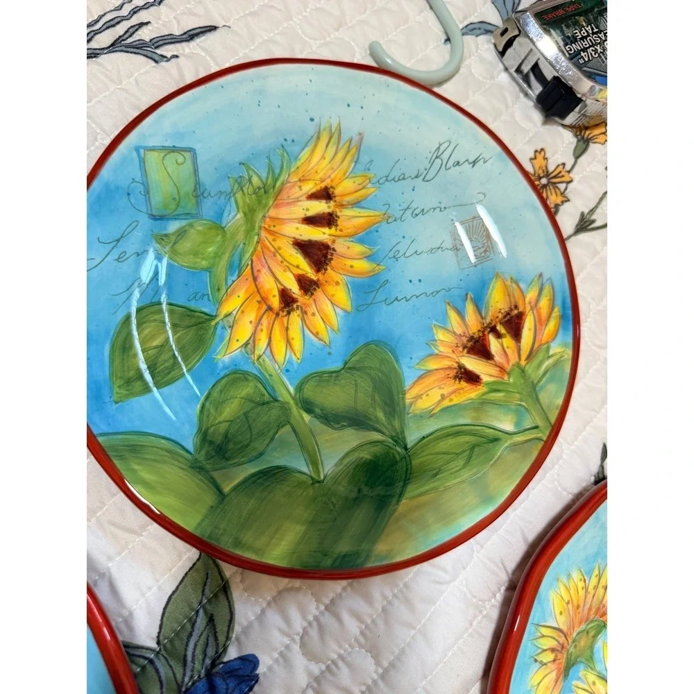 Certified International Salad Plates Set of 4 Sunflower Blue Yellow Ceramic 8.5i